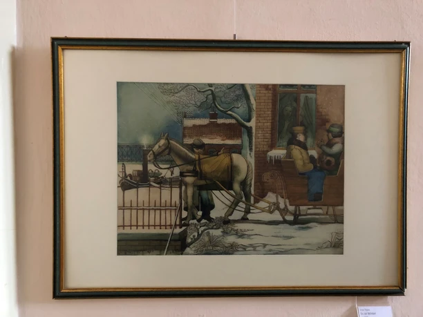 Ernst Thoms Museum Nienburg Winter street scene with detailed figures, a horse-drawn sleigh and buildings in the background.