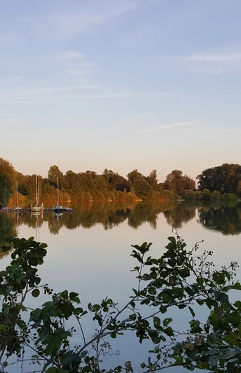 Ein ruhiger See mit Segelbooten am Ufer, umgeben von Bäumen, reflektiert den Abendhimmel.