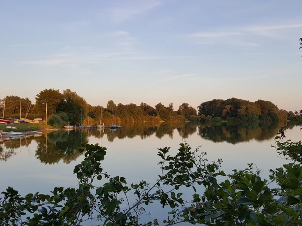 Wassersport am Linteler See Ein ruhiger See mit Segelbooten am Ufer, umgeben von Bäumen, reflektiert den Abendhimmel.