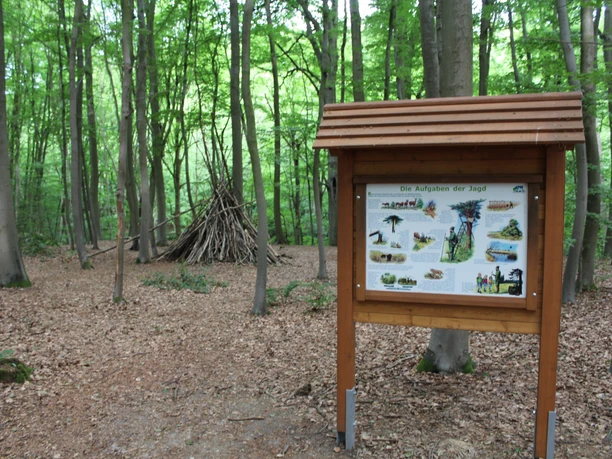 Ein Walderlebnispfad mit Infotafel knorriger Bäume erklärt Aufgaben der Jagd mit Pfahlhütte im Hintergrund.