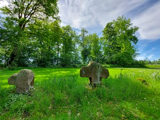 Ahlder Kreuzsteine Zwei verwitterte steinerne Kreuzsteine auf einer grünen Wiese, umgeben von hohen Bäumen unter blauem Himmel.