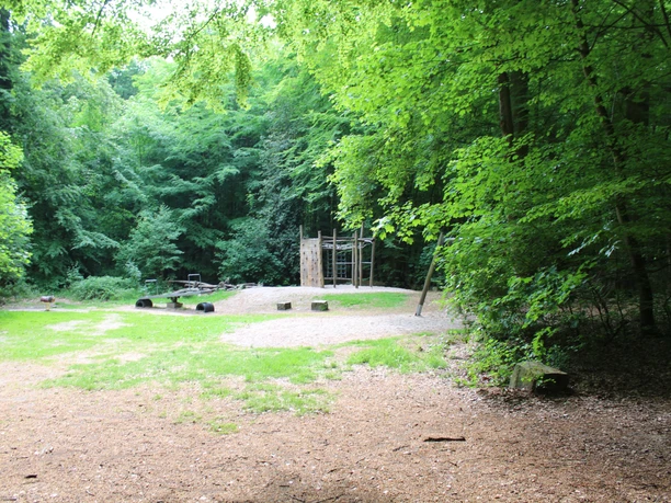 Waldspielplatz Heiligenberg Ein Waldspielplatz mit Klettergerüst, Schaukeln und Picknickbereich, umgeben von dichtem Laubwald.