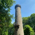 Wilhelmsturm Bad Rehburg Steinerner Wilhelmsturm ragt vor blauem Himmel auf, umgeben von dichtem, grünem Wald im Sommer.