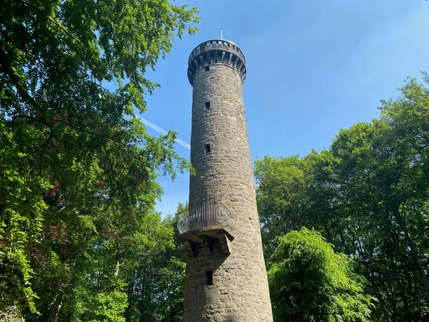 Wilhelmsturm Bad Rehburg Steinerner Wilhelmsturm ragt vor blauem Himmel auf, umgeben von dichtem, grünem Wald im Sommer.