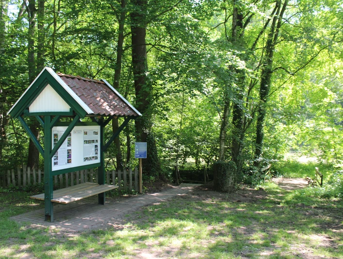 Kneippanlage Wietzen Kneippanlage im Grünen mit überdachter Informationstafel, umgeben von Bäumen und natürlicher Umgebung.