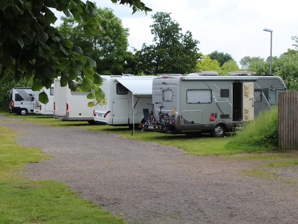 Drei Wohnmobile parken auf einem grasigen Stellplatz, umgeben von Bäumen und einer ruhigen Atmosphäre.
