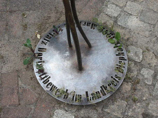Skulptur in Martfeld (Preis Dorferneuerung) "Entfaltung" Skulptur aus Metall mit der Inschrift "Entfaltung", umgeben von Pflanzen auf einem Pflasterboden.