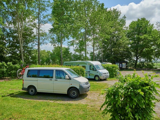 Wohnmobilstellplatz Bentwisch Oberndorf Wohnmobile stehen auf grünem Stellplatz unter hohen Bäumen in Oberndorf.