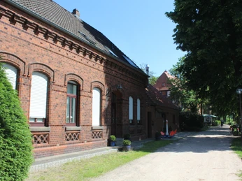 Ein Backsteingebäude unter blauem Himmel mit schattiger Allee und grüner Umgebung in Nienburg.