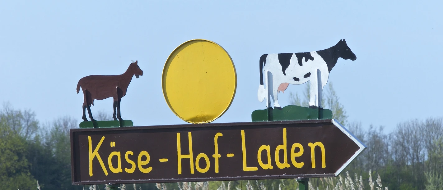Käse Hof in Pilsum Holzschild mit gelbem Käserad, Kuh- und Ziegenfigur und Schriftzug Käse-Hof-Laden auf Pfeil.