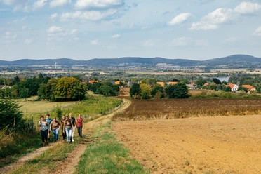 Wandern in den Weserdörfern Eine Gruppe wandert auf einem ländlichen Weg mit Blick auf Hügel und ein weitläufiges Tal.