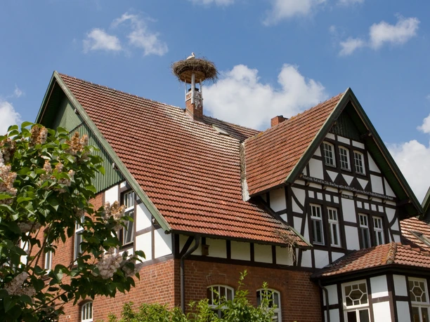 Fachwerkhaus mit ziegelrotem Dach und Storchennest auf dem Schornstein, daneben blühender Baum.