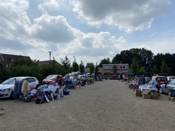 IMG_1608.JPG Ein Flohmarkt im Freien mit Verkaufsständen und Besuchern, umgeben von parkenden Autos an einem sonnigen Tag.