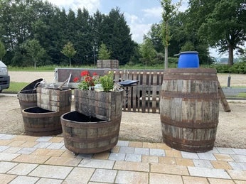 IMG_1604.JPG Große Holzfässer und Blumenkübel mit roten Geranien stehen auf gepflastertem Boden unter bewölktem Himmel.