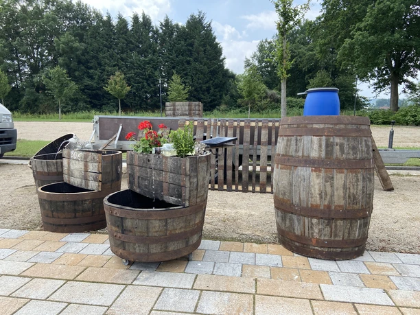 IMG_1604.JPG Große Holzfässer und Blumenkübel mit roten Geranien stehen auf gepflastertem Boden unter bewölktem Himmel.