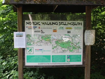 Informationstafel im Wald, die den Startpunkt des Sellingsloh Nordic Walking Rundwegs markiert.