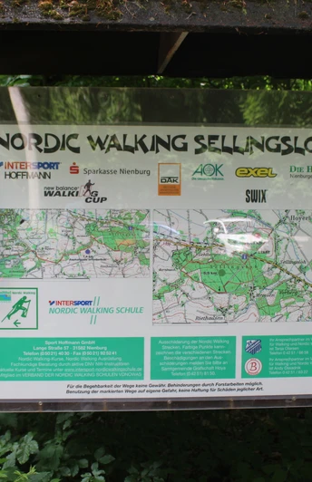 Sellingsloh Nordic Walking Informationstafel im Wald, die den Startpunkt des Sellingsloh Nordic Walking Rundwegs markiert.