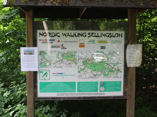 Sellingsloh Nordic Walking Informationstafel im Wald, die den Startpunkt des Sellingsloh Nordic Walking Rundwegs markiert.