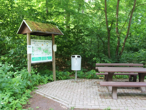Een bewegwijzerd informatiebord voor nordic walking naast een afvalbak en houten bankjes in het bos.