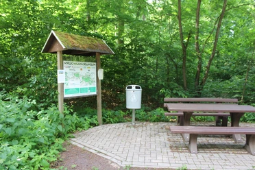 Sellingsloh Nordic Walking Eine beschilderte Infotafel für Nordic Walking neben einem Abfallbehälter und Holzbänken im Wald.