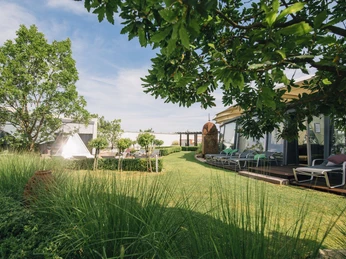 Ansicht_Saunagarten_Ishara-Saunawelt_Foto_Adamski.jpg Grüner Saunagarten mit Liegen und Bäumen, umgeben von gepflegten Rasenflächen und Pflanzen.