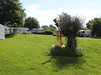 Wohnmobilstellplatz Marina Mehlbergen Grüne Wiese mit Wohnmobilen und Bäumen im Hintergrund unter einem leicht bewölkten Himmel.
