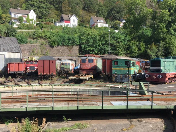 Eisenbahnmuseum Dieringhausen Historische Eisenbahnwaggons und Lokomotiven auf einem verlassenen Bahnhofsgelände, umgeben von Natur.