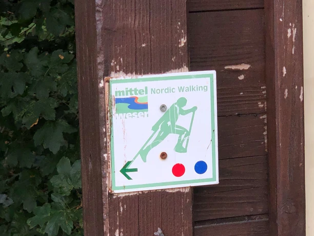 A wooden signpost with a green Nordic walking symbol and directional arrow on a forest path.