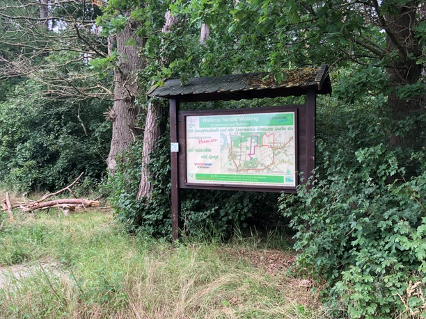 Nordic Walking Heemsen Eine Informationstafel in einem bewaldeten Gebiet informiert über Nordic Walking Routen in Heemsen.