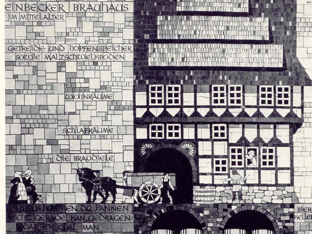 Darstellung zur typischen Einteilung eines bürgerlichen Brauhauses in Einbeck im Mittelalter. Darstellung zur typischen Einteilung eines bürgerlichen Brauhauses in Einbeck im Mittelalter.