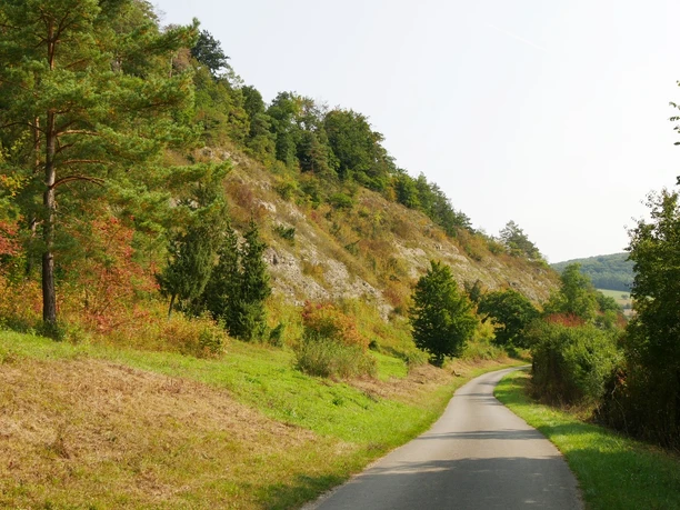 Schwiemelkopf Asphaltierter Weg führt durch herbstlich gefärbte Landschaft mit Felsformationen und Bäumen.