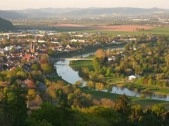 Blick vom Rodeneckturm auf eine weite, grüne Landschaft mit einem Fluss und kleinen Siedlungen.
