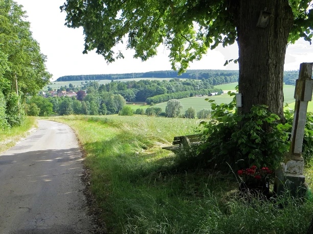 Bökendorf - Franzosengrab Ländliche Landschaft bei Bökendorf, mit einem Kreuz unter einem Baum und einem ruhigen Feldweg.