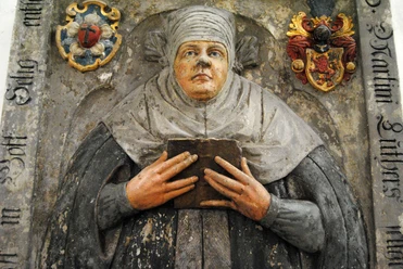 Memorial stone of Katharina von Bora in Torgau with medieval stonemasonry.
