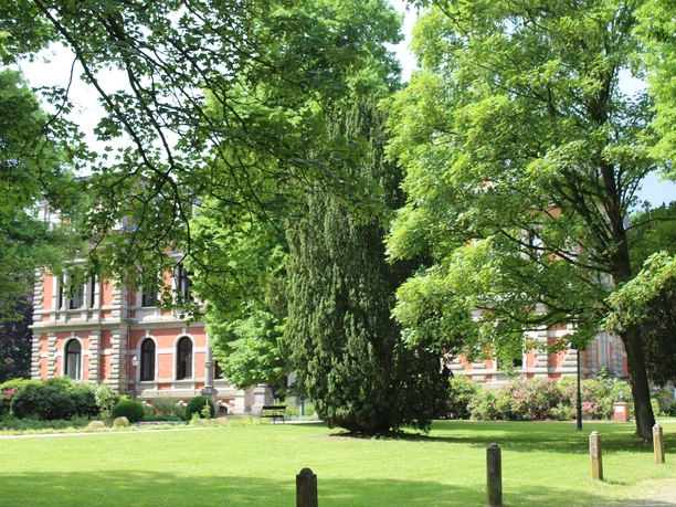 Lush trees and green lawns surround the historic castle with its impressive architecture.