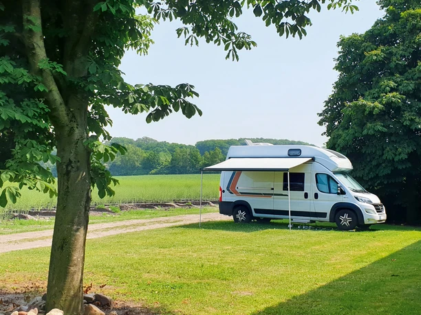 Wohnmobil auf grünem Platz am Feldrand, umgeben von Bäumen und ländlicher Natur.