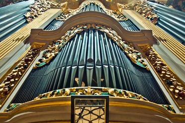 A frog's-eye view of the richly decorated Silbermann organ in Freiberg Cathedral.