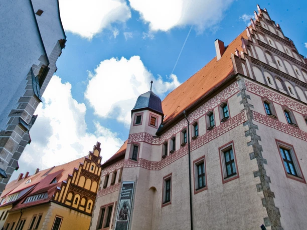StadtFreiberg_FotografRalfMenzel_Museum_05.jpg Historisches Gebäude mit verzierten Fassaden und rotem Dach vor blauem Himmel.
