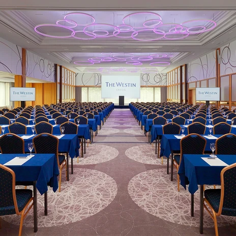 Ballroom meeting room at the conference hotel The Westin Leipzig | Leipzig Convention Bureau Ballroom meeting room with parliamentary style seating at the conference hotel The Westin Leipzig - presented by Leipzig Convention Bureau