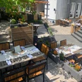 Zum Schwanen Gemütlicher Restaurantgarten mit Holzmöbeln und bunten Blumenbeeten unter schattenspendenden Bäumen.