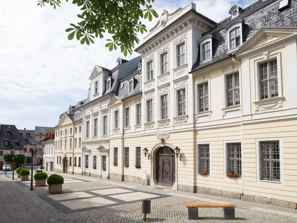 Vogtlandmuseum_el (4)_Ellen Liebner.jpg Historisches Gebäude in einer gepflasterten Straße mit eleganter Barockfassade und großen Fenstern.