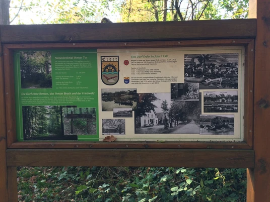 Infotafel am Ihmser Tor Infotafel am Ihmser Tor mit historischen Bildern und Texten, umgeben von Bäumen und Laubwerk.