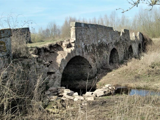 Vierbogenbrücke Herrengraben Historische Steinbrücke mit vier Bögen, umgeben von verwilderter Vegetation und ruhigem Wasserlauf.