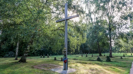Begräbnisstätte ©Emsland Tourismus Holzkreuz auf einer Wiese mit Grabsteinen, umgeben von alten Birken im Naturpark Hümmling.