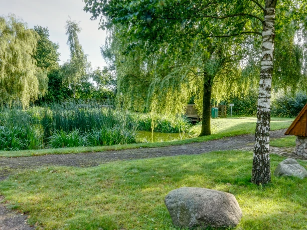 Dorfteich Groß Berßen ©Naturpark Hümmling Grüner Dorfteich mit Weiden, Holzbrunnen und Spazierweg im Naturpark Hümmling in Groß Berßen