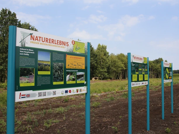 Naturerlebnis Vreeser Wiesen Infotafeln zum Naturerlebnis Vreeser Wiesen vor einer Moorlandschaft mit Bäumen und Feldrand