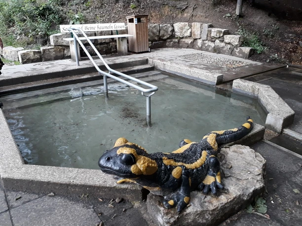 Wassertretbecken in Oerlinghausen Ein einladendes Wassertretbecken mit Steinbänken, umgeben von Natur, mit einer Salamander-Skulptur.