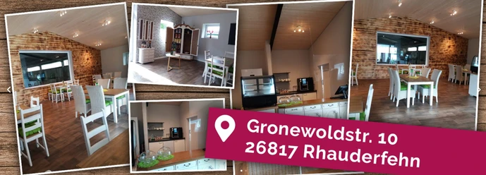 Innenansicht eines hellen Restaurants mit weißen Stühlen und Holztischen, Backsteinwänden und großen Fenstern, Adresse Gronewoldstr. 10, 26817 Rhauderfehn