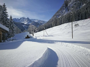 Grimmimutz cross-country ski trail with view of Spillgerte