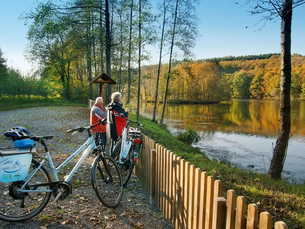 Aussichtsstelle an der Krombacher Insel Zwei Personen mit Fahrrädern betrachten einen herbstlichen See umgeben von bunten Bäumen.